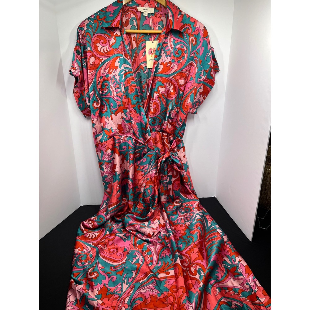 Entro Pink Teal Psychedelic Paisley Floral Satin Wrap Maxi Dress Medium NWT